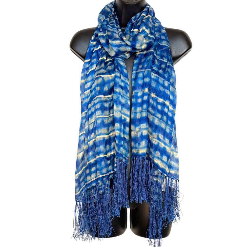 Coldwater Creek Silk Blend Tie Dye Scarf Shawl Wrap Blue Stripe Fringe Ikat Boho
